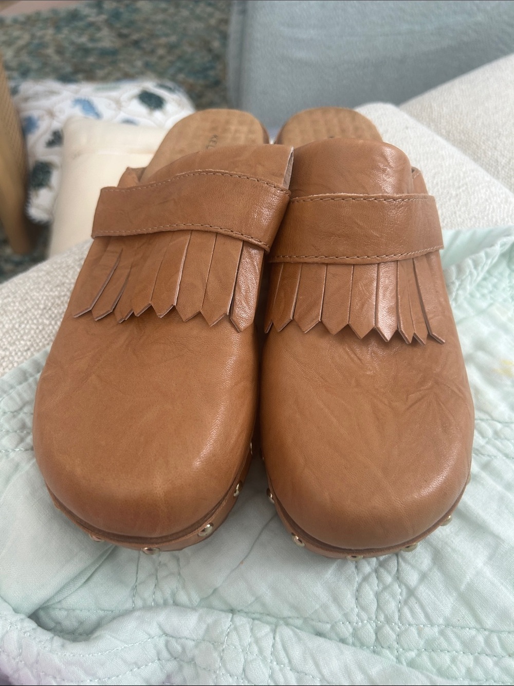 KELSI DAGGER Tan Leather Studded Clog Loafers - Women's
